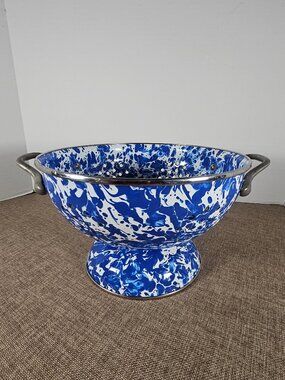 Golden Rabbit Cobalt Swirl Enamelware Colander With Stainless Trim